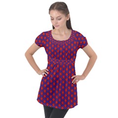 Blue Pattern Texture Puff Sleeve Tunic Top