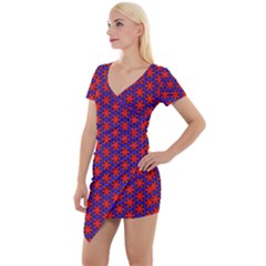 Blue Pattern Texture Short Sleeve Asymmetric Mini Dress