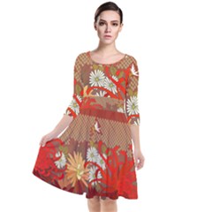 Abstract Flower Quarter Sleeve Waist Band Dress