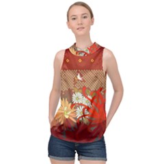 Abstract Flower High Neck Satin Top