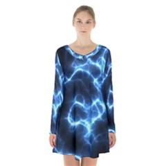 Electricity Blue Brightness Long Sleeve Velvet V-neck Dress by HermanTelo