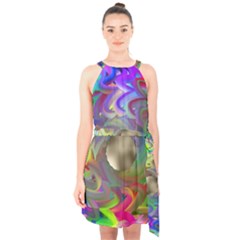 Rainbow Plasma Neon Halter Collar Waist Tie Chiffon Dress