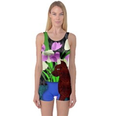 The Cat And The Tulips One Piece Boyleg Swimsuit by bloomingvinedesign