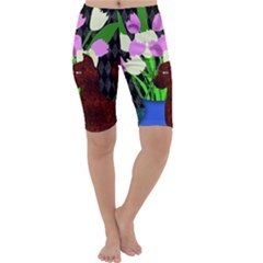 The Cat And The Tulips Cropped Leggings  by bloomingvinedesign