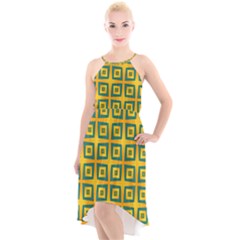 Green Plaid Star Gold Background High-low Halter Chiffon Dress 