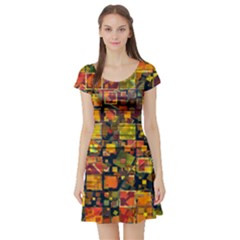 Color Abstract Artifact Pixel Short Sleeve Skater Dress