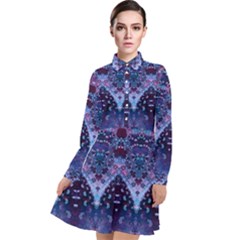 Blue Elegance Elaborate Fractal Fashion Long Sleeve Chiffon Shirt Dress