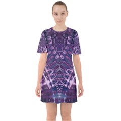 Purple Fractal Lace V Shape Sixties Short Sleeve Mini Dress by KirstenStar