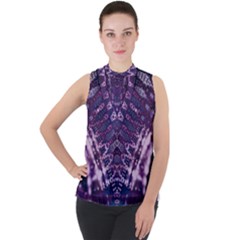 Purple Fractal Lace V Shape Mock Neck Chiffon Sleeveless Top by KirstenStar