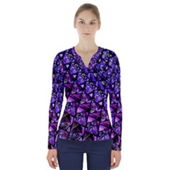  Blue Purple Shattered Glass V-neck Long Sleeve Top