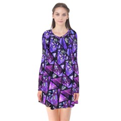  Blue Purple Shattered Glass Long Sleeve V-neck Flare Dress