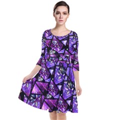  Blue Purple Shattered Glass Quarter Sleeve Waist Band Dress