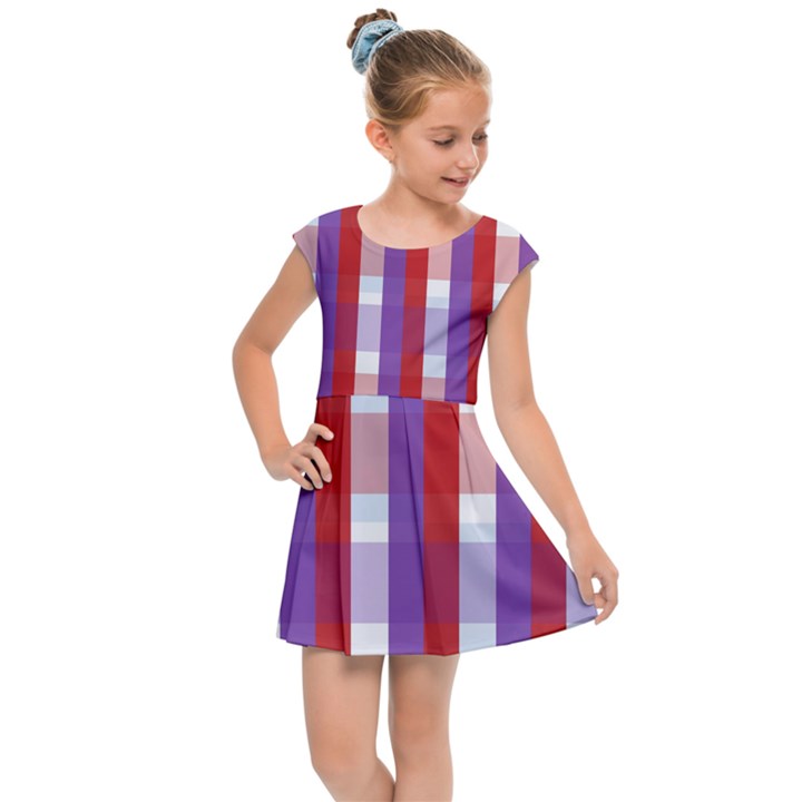 Gingham Pattern Line Kids  Cap Sleeve Dress