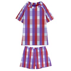 Gingham Pattern Line Kids  Swim Tee And Shorts Set