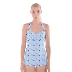 Flamingo Pattern Blue Boyleg Halter Swimsuit 