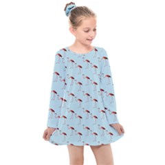 Flamingo Pattern Blue Kids  Long Sleeve Dress