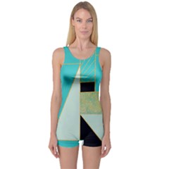 Turquoise,black And Gold One Piece Boyleg Swimsuit