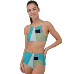 Turquoise,black And Gold High Waist Tankini Set