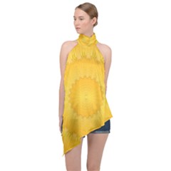 Wave Lines Yellow Halter Asymmetric Satin Top by HermanTelo