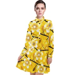 Floral Pattern Background Yellow Long Sleeve Chiffon Shirt Dress