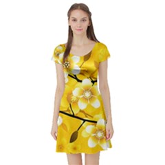 Floral Pattern Background Yellow Short Sleeve Skater Dress