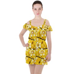 Floral Pattern Background Yellow Ruffle Cut Out Chiffon Playsuit