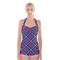 Purple Textile And Fabric Pattern Boyleg Halter Swimsuit 
