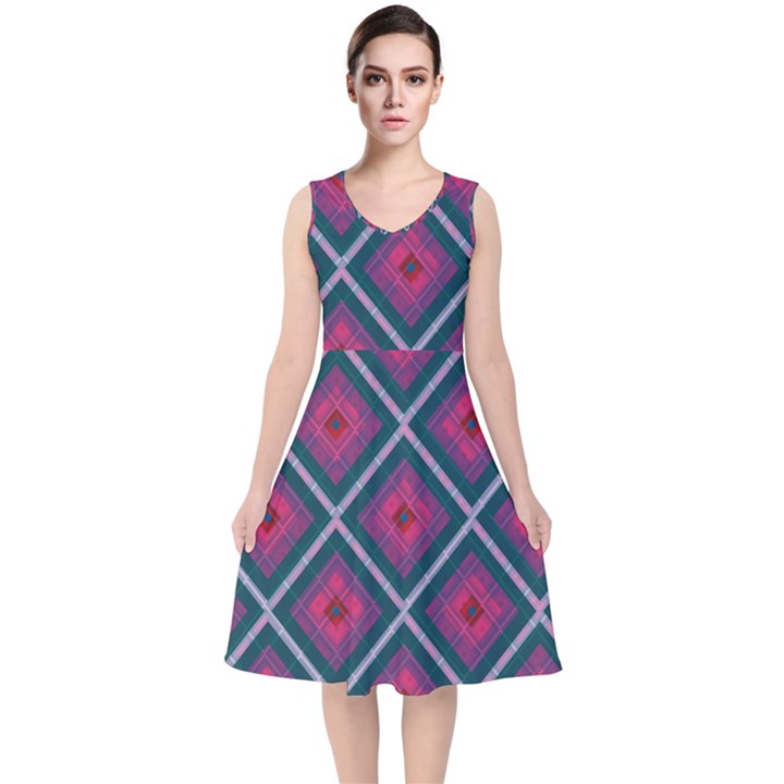 Purple Textile And Fabric Pattern V-Neck Midi Sleeveless Dress 