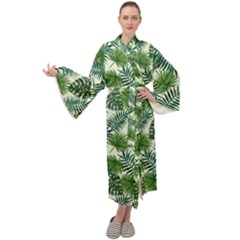 Leaves Tropical Wallpaper Foliage Maxi Tie Front Velour Kimono by Pakrebo