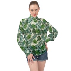 Leaves Tropical Wallpaper Foliage High Neck Long Sleeve Chiffon Top by Pakrebo