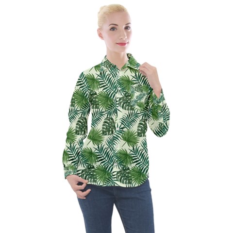 Leaves Tropical Wallpaper Foliage Women s Long Sleeve Pocket Shirt by Pakrebo