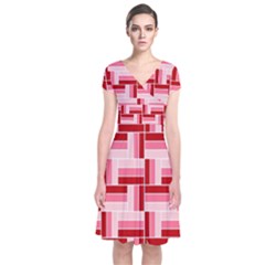 Burgundy Pattern Stripes Short Sleeve Front Wrap Dress