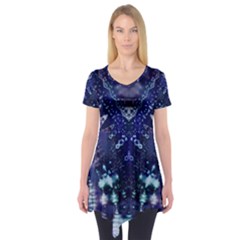 Blue Fractal Lace Tie Dye Short Sleeve Tunic  by KirstenStar