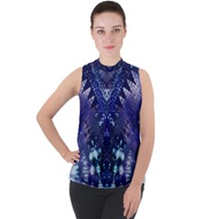 Blue Fractal Lace Tie Dye Mock Neck Chiffon Sleeveless Top by KirstenStar