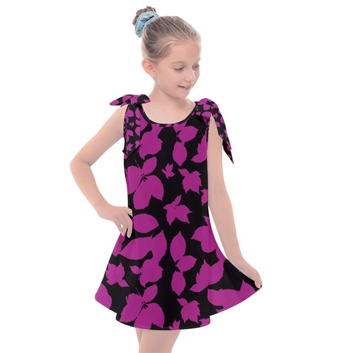 Dark Botanical Motif Print Pattern Kids  Tie Up Tunic Dress