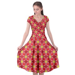 Red Yellow Pattern Design Cap Sleeve Wrap Front Dress