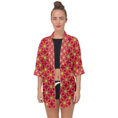Red Yellow Pattern Design Open Front Chiffon Kimono