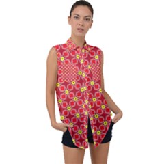 Red Yellow Pattern Design Sleeveless Chiffon Button Shirt