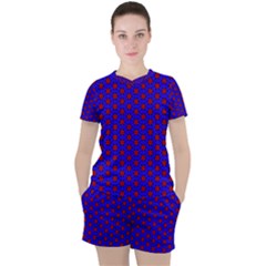 Blue Pattern Red Texture Women s Tee And Shorts Set