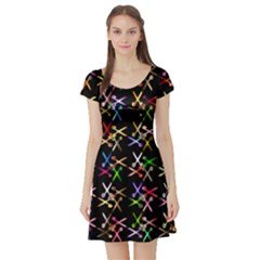 Scissors Pattern Colorful Prismatic Short Sleeve Skater Dress by HermanTelo