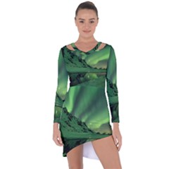 Snow Winter White Cold Weather Green Aurora Asymmetric Cut-out Shift Dress by Pakrebo