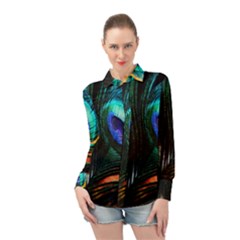 Green And Blue Peacock Feather Long Sleeve Chiffon Shirt