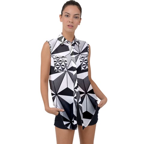 Black And White Diamond Shape Wallpaper Sleeveless Chiffon Button Shirt by Pakrebo