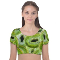 Sliced Kiwi Fruits Green Velvet Short Sleeve Crop Top  by Pakrebo