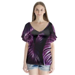 Purple Leaves V-neck Flutter Sleeve Top