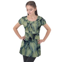 Closeup Photo Of Green Variegated Leaf Plants Puff Sleeve Tunic Top