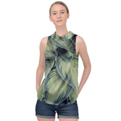 Closeup Photo Of Green Variegated Leaf Plants High Neck Satin Top