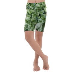 Green And White Leaf Plant Kids  Lightweight Velour Cropped Yoga Leggings