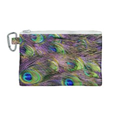 Green Purple And Blue Peacock Feather Digital Wallpaper Canvas Cosmetic Bag (medium) by Pakrebo