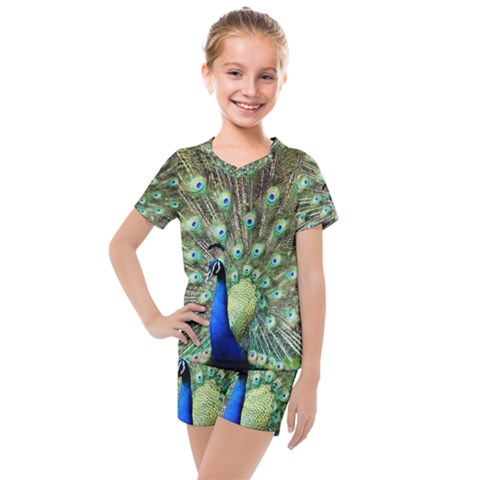 Blue And Green Peacock Kids  Mesh Tee And Shorts Set by Pakrebo